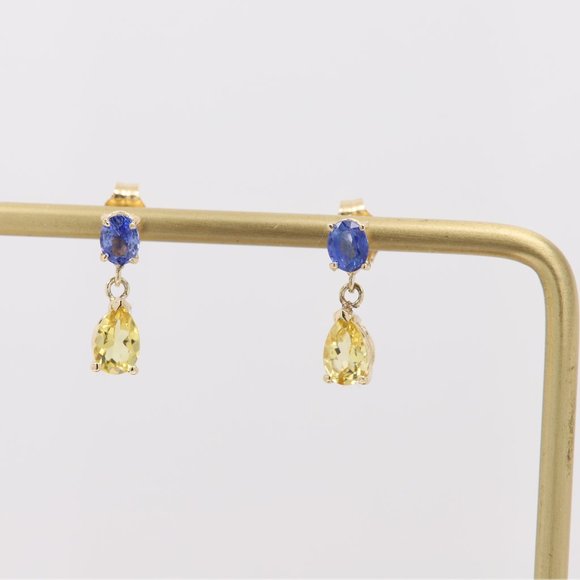 Cute Small Dangle Earrings 14k Yellow Gold Blue Sapphire and Yellow Citrine - Picture 6 of 9